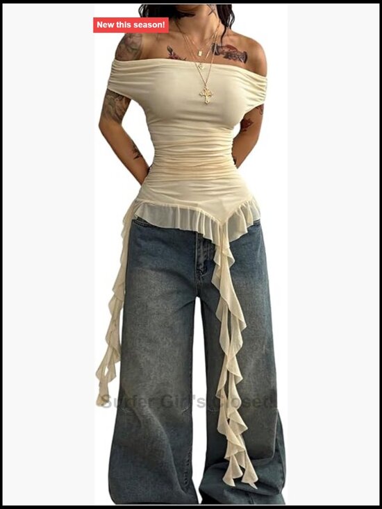 Off Shoulder Asymmetric Cap Sleeve Mesh Top Going — photo 1 of 1